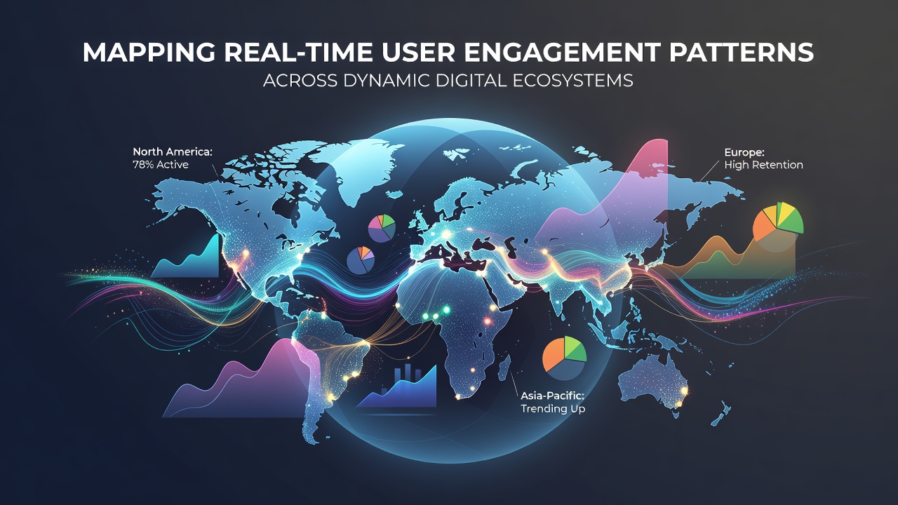 Dashboard interface displaying live engagement heatmaps and behavioral flow diagrams in a dynamic digital environment